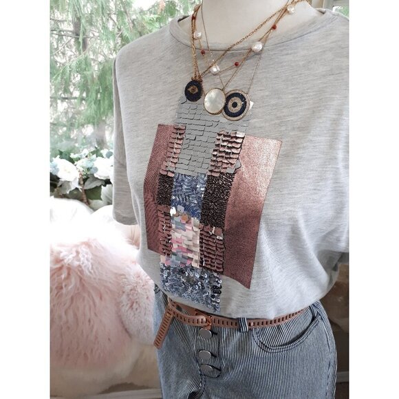EUC Zara heather grey short sleeve t-shirt w/ sequins & painted accents, L - Picture 5 of 14